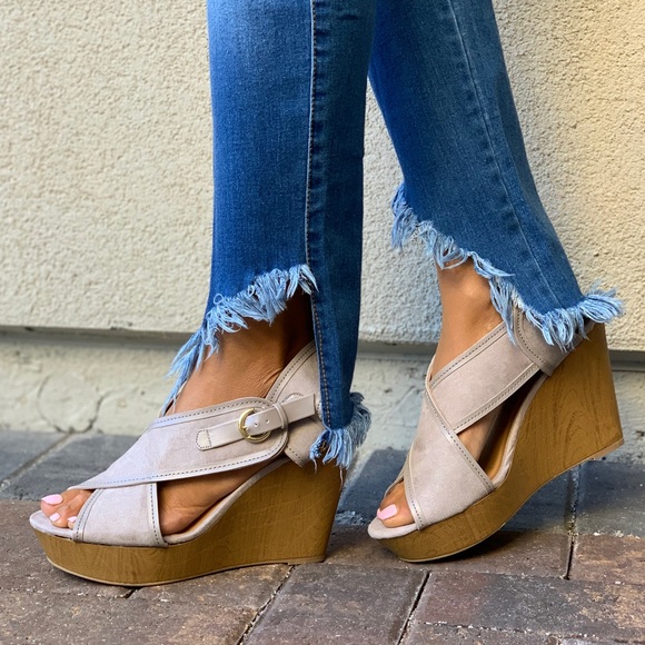 Wedge Open-Toe High Heel Sandals Beige Cream Sheepskin